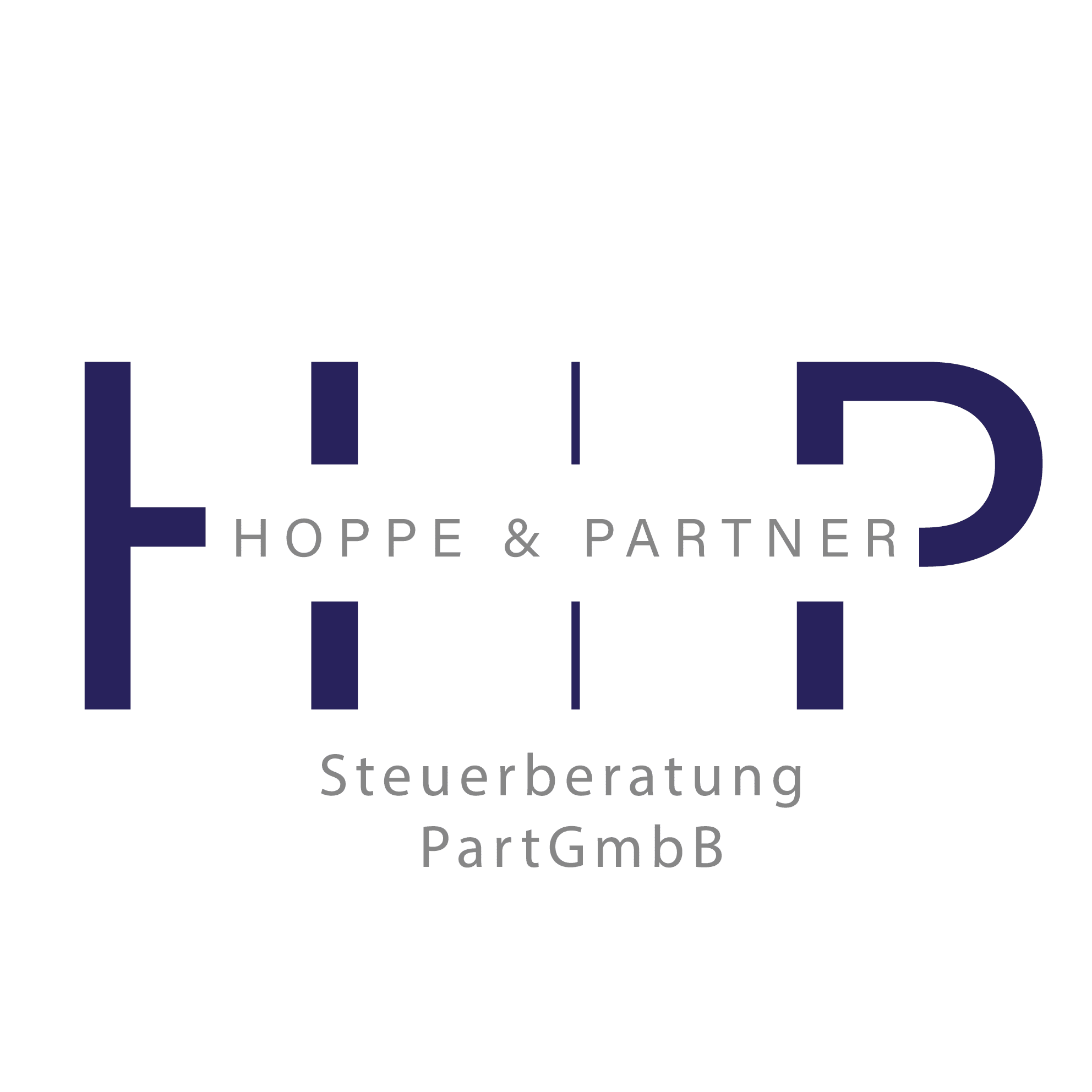 Hoppe & Partner Logo – Steuerberatung Logo Hoppe & Partner Steuerberatung PartGmbB auf grünem Hintergrund mit abstraktem Symbol und Text.